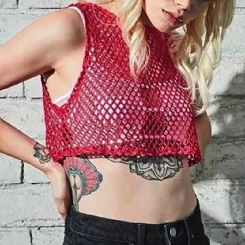 Hollow Mesh Fishnet Crop Top Black Red Loose T Shirt Sexy Hollow Out Blouse Summer Basic Fashion Casual Daily Party Streetwear
