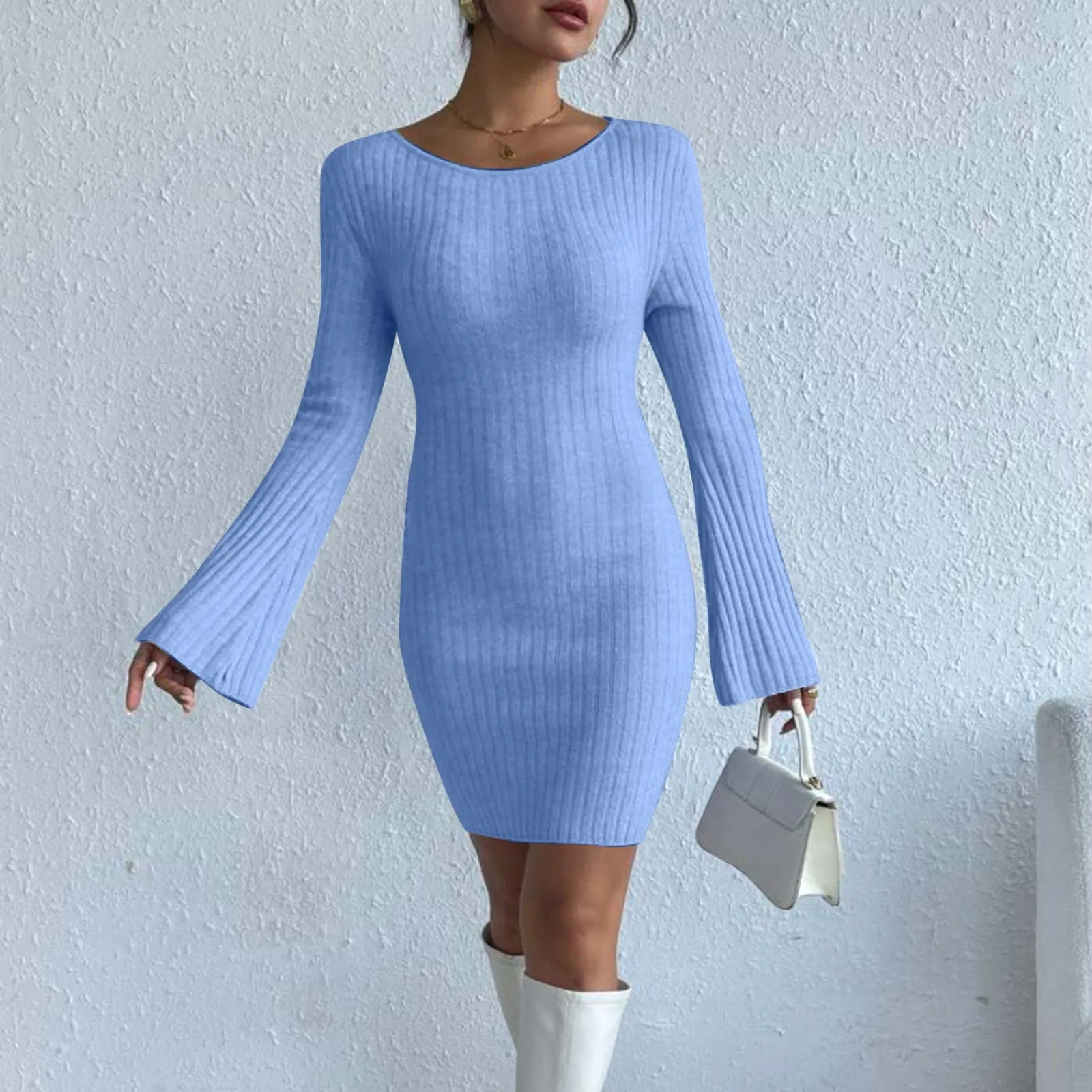 

European And American Fashion Sexy Backless Solid Color Mid Length Sweater Dress Bell Sleeves Temperament Tight Knitted Dresses