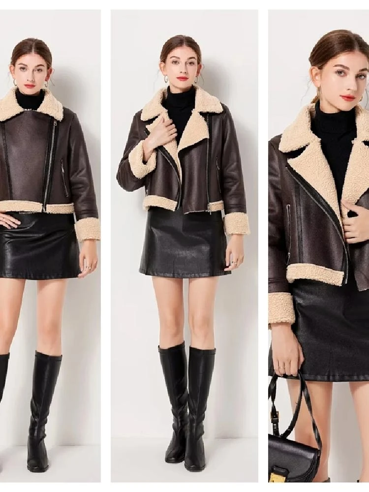 Manteau d'hiver en cuir chaud pour femme, doublure en fausse fourrure, Biker Sle Jaet, Street Faion, matériau intérieur, pas en cuir