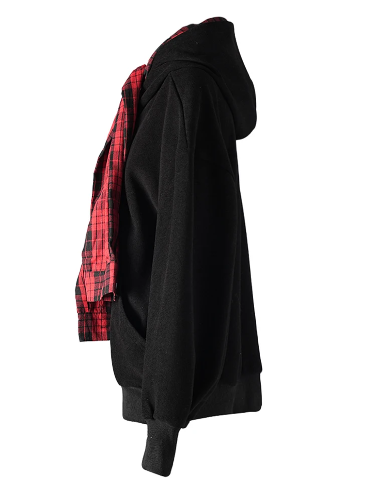 [EAM] Black Plaid Thick Warm Big Size Casual Jacket New Hooded Long Sleeve Women Coat Fashion Tide Autumn Winter 2025 CPG2521