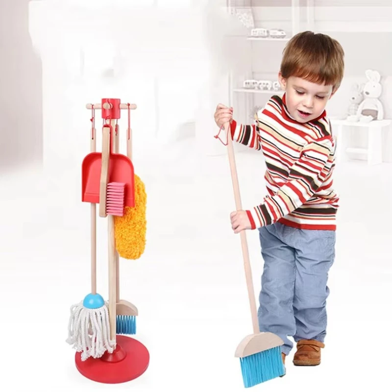 

Wooden Children's Household Mop Broom Set Mini Sweeping Toy Set Flat Tractor
