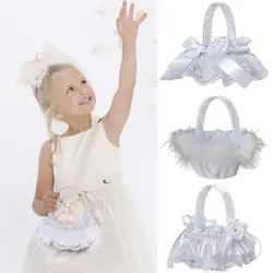 Simple White Flower Girls Basket Silk Hand Held Pearl Wedding Basket Bride Ceremony Party Decorations