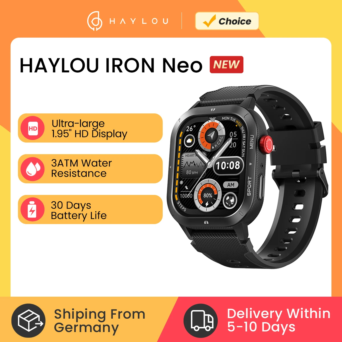 HAYLOU IRON NEO Smartwatch 1,95 »pantalla HD 3ATM impermeable Bluetooth llamada…