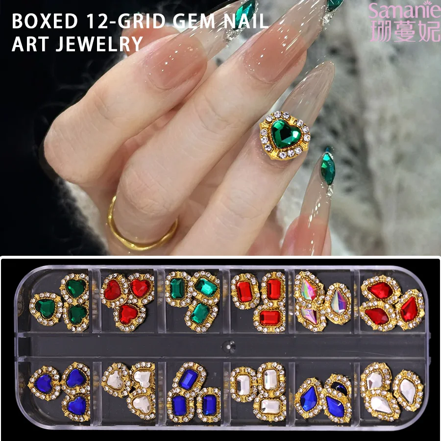 12 Grids Luxury Retro Nail Rhinestone Kit, 3D Gold Alloy Frame Heart Teardrop Square Gem Charms for Nail Art & DIY Craft