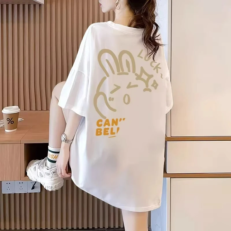 

Plus Size Summer Cotton T-Shirts Lazy Short Sleeve Couple Matching Loose Fit Regular Length Creative Cartoon Printed Casual Tops