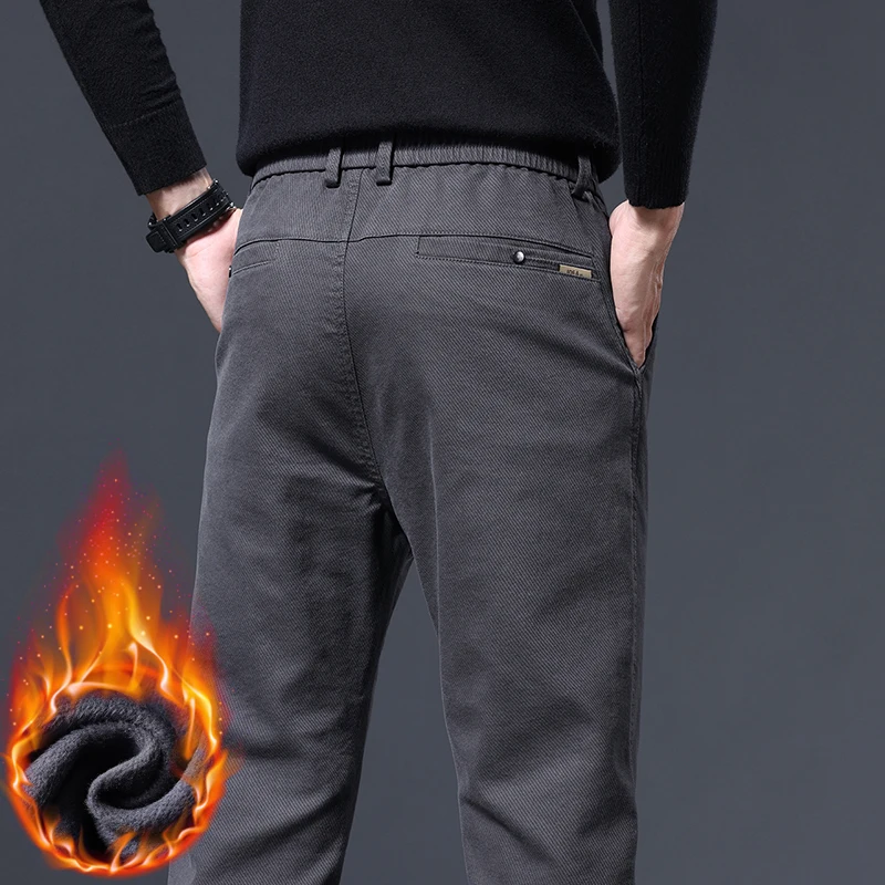 

Повседневные зимние толстые флисовые мужские брюки, теплые модные прямые деловые классические однотонные тонкие бархатные брюки, мужские брендовые