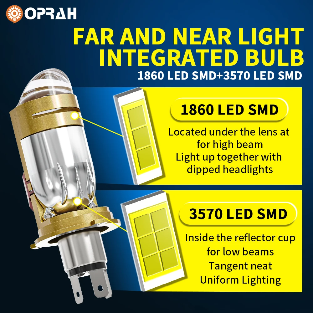 Oprah lampu depan Led Mini untuk mobil, lampu sorot lampu Mini Led H4 1860 CSP untuk mobil sepeda motor Hi/Lo Beam proyektor Turbo 6000k putih