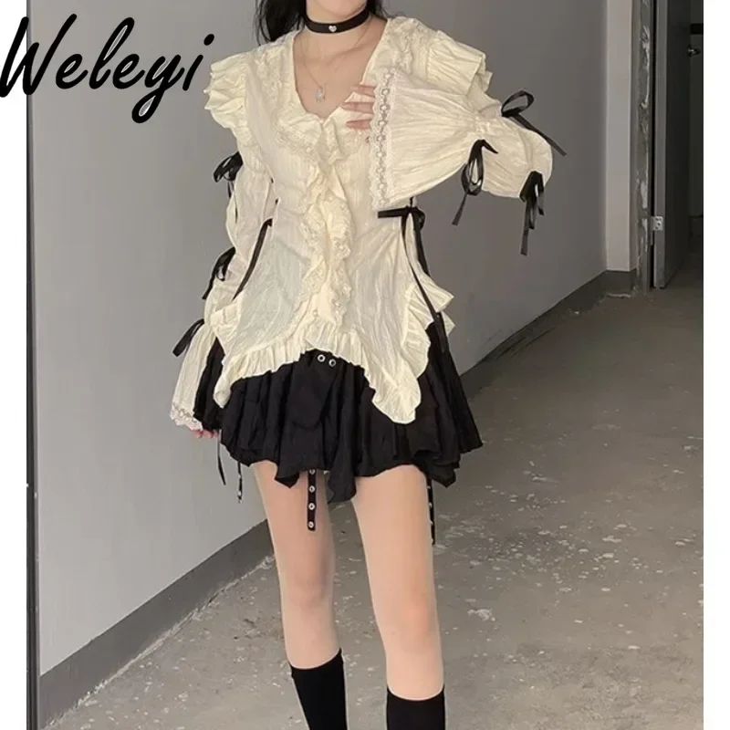 Y2K Subculture Dark Bow Strap Shirt Womens Tops Autumn Sweet Lace Fungus Edge Embroidered Jacquard Dovetail Bubble Sleeve Blusas