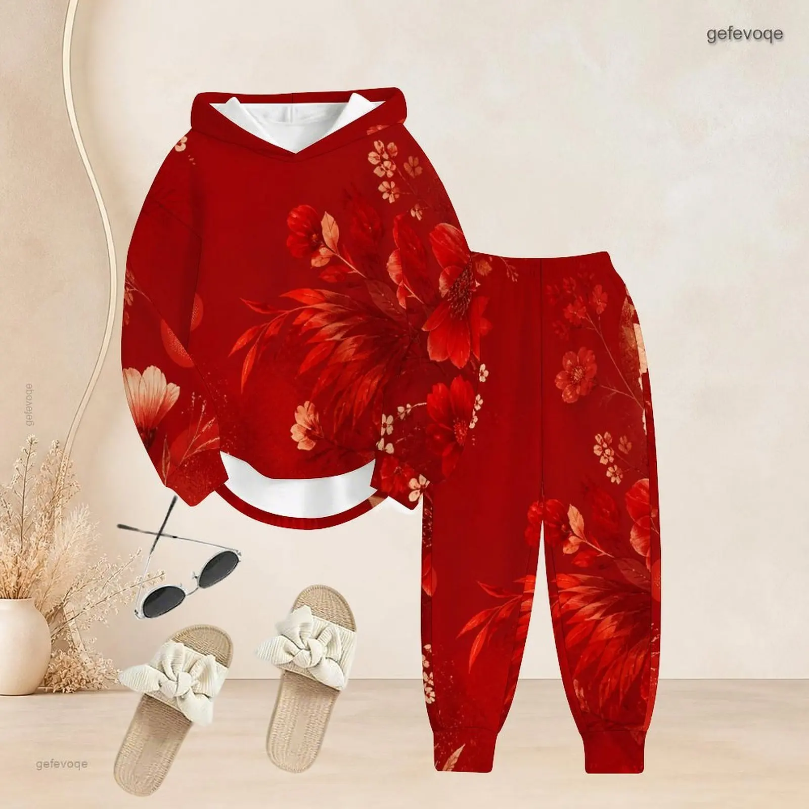 Women Long Sleeve Hooded Top Cuffed Pants Two Piece Printed Pants Set