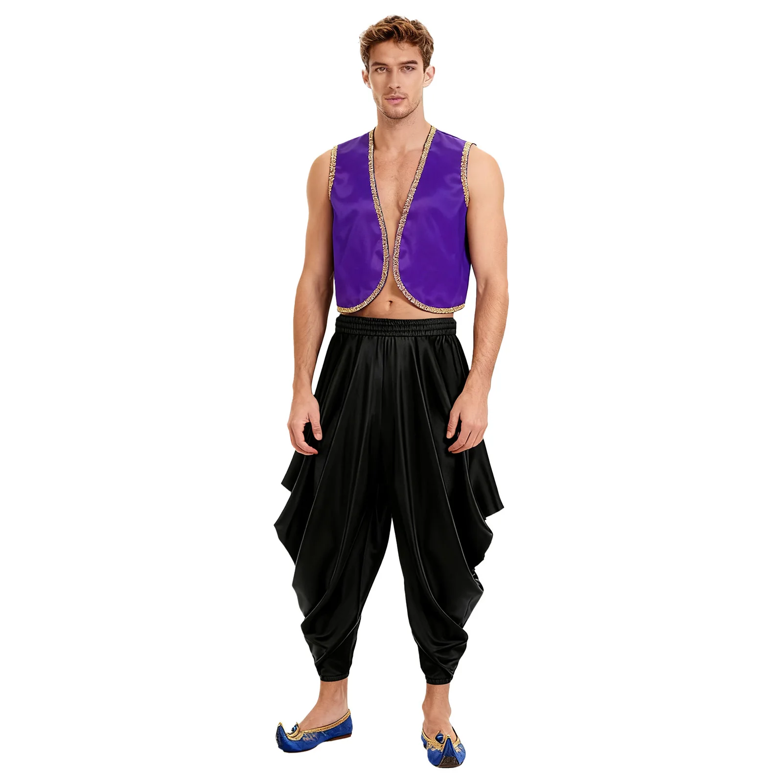 

Men Arab Indian Prince Dress-up Costume Gold Trim Sleeveless Vest And Elastic Waistband Harem Pants for Halloween Raves Party