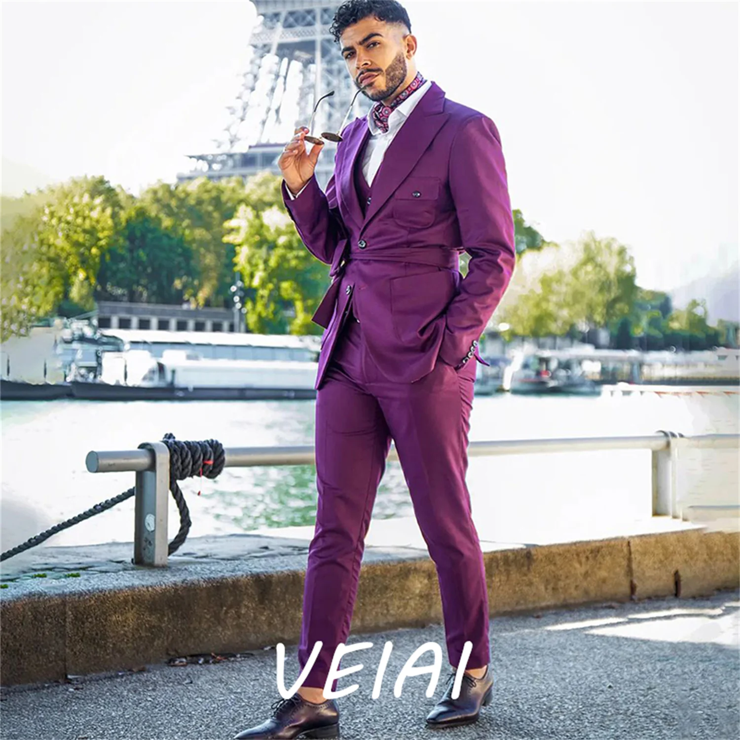 

CustomizedPurple Men Suits 3 Piece Peak Lapel Single Breasted Belt Blazer Sets terno masculino completo casamento Blazer+Vest+Pa