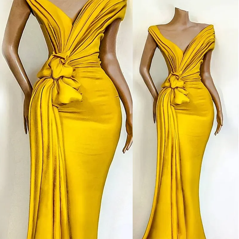 

Fashion Stunning Yellow V-Neck Knoted Mermaid Off the Shoulder Formal Wedding Guest Evening Prom Dresses Summer 2023