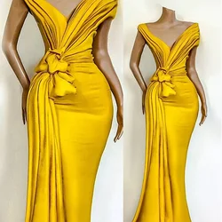 Fashion Stunning Yellow V-Neck Knoted Mermaid Off the Shoulder Formal Wedding Guest Evening Prom Dresses Summer 2023