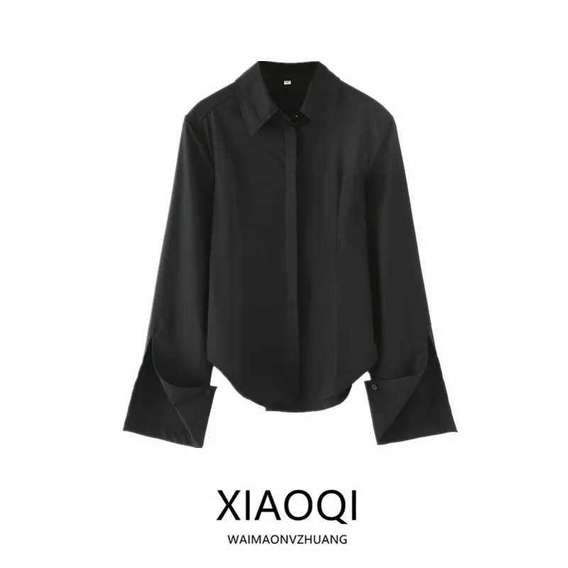 

Autumn Winter New Women's Cotton Long Sve irt with oulder Pads Versatile Loose Fit Regular Length Premium Silk irt