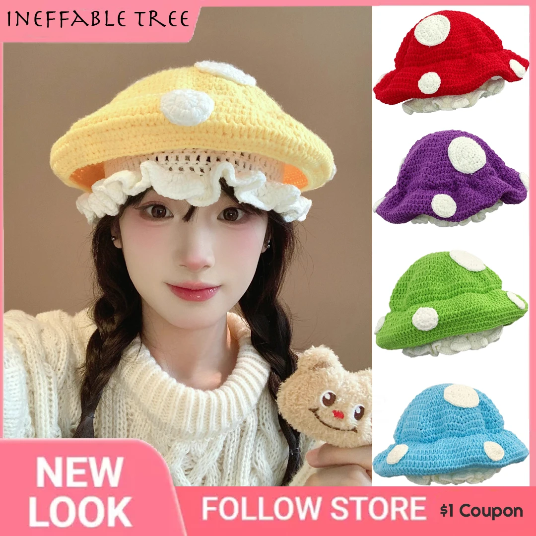 

Cute Mushroom Little Red Riding Handmade Hats for Women Hook Knitted Polka Dot Knitted Beret Hat Autumn Winter Caps Boina Hombre