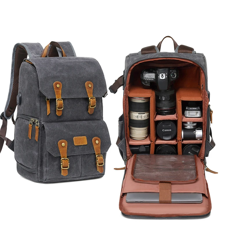 Retro Batik Canvas Photography Camera Backpack with USB Port fit 15.6 inch Laptop Waterproof Men Camera Bag for DSLR Drones