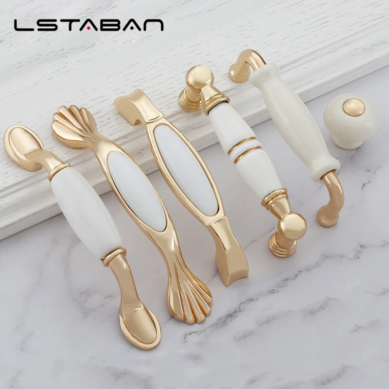 Fashion Ceramic Cabinet Handles Golden Kitchen Cupboard Door Handles Drawer Knobs European White Furniture Pulls