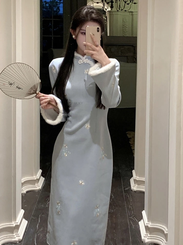 

New Chinese Style Lady Daily Wear Autumn And Winter Classical Republican Style Chinese Warm Elegant Cheongsam Qipao Dress