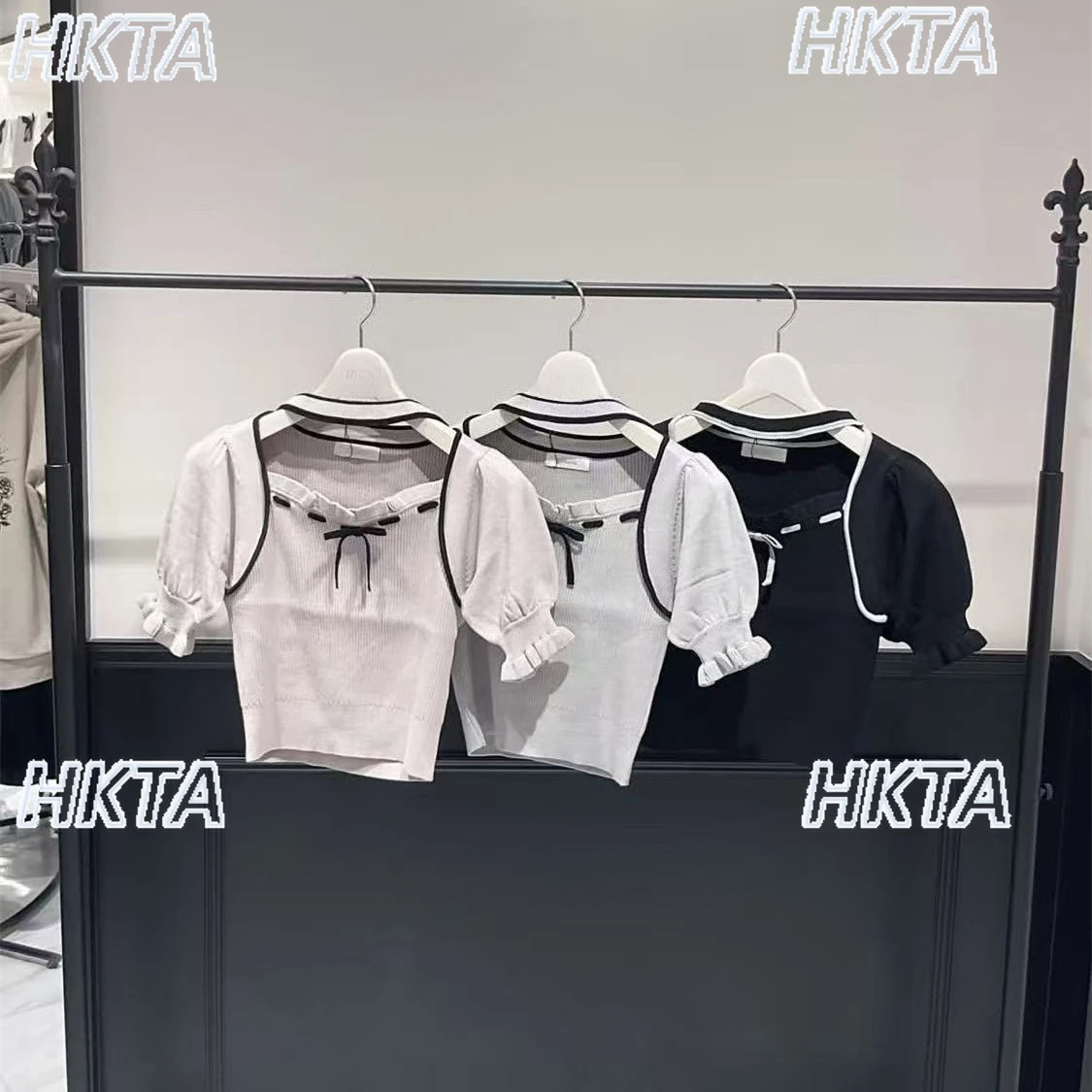 Sweet Slim Fit Bubble Short Sleeved Square Neck Bow Vest Fake Two Piece Knitted T Shirts Summer Casual Lolita Tshirt Top Women