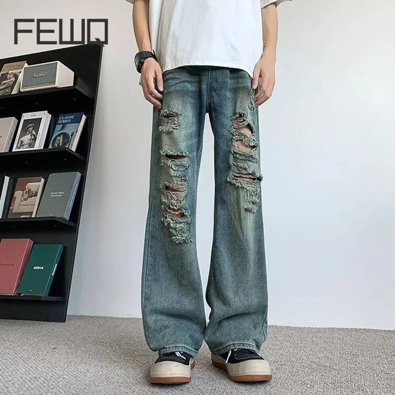 

FEWQ High Street Men's Jeans Hole Washed Casual Solid Color Straight Trousers Wide Leg Male Denim Pants Personality New 24E2327