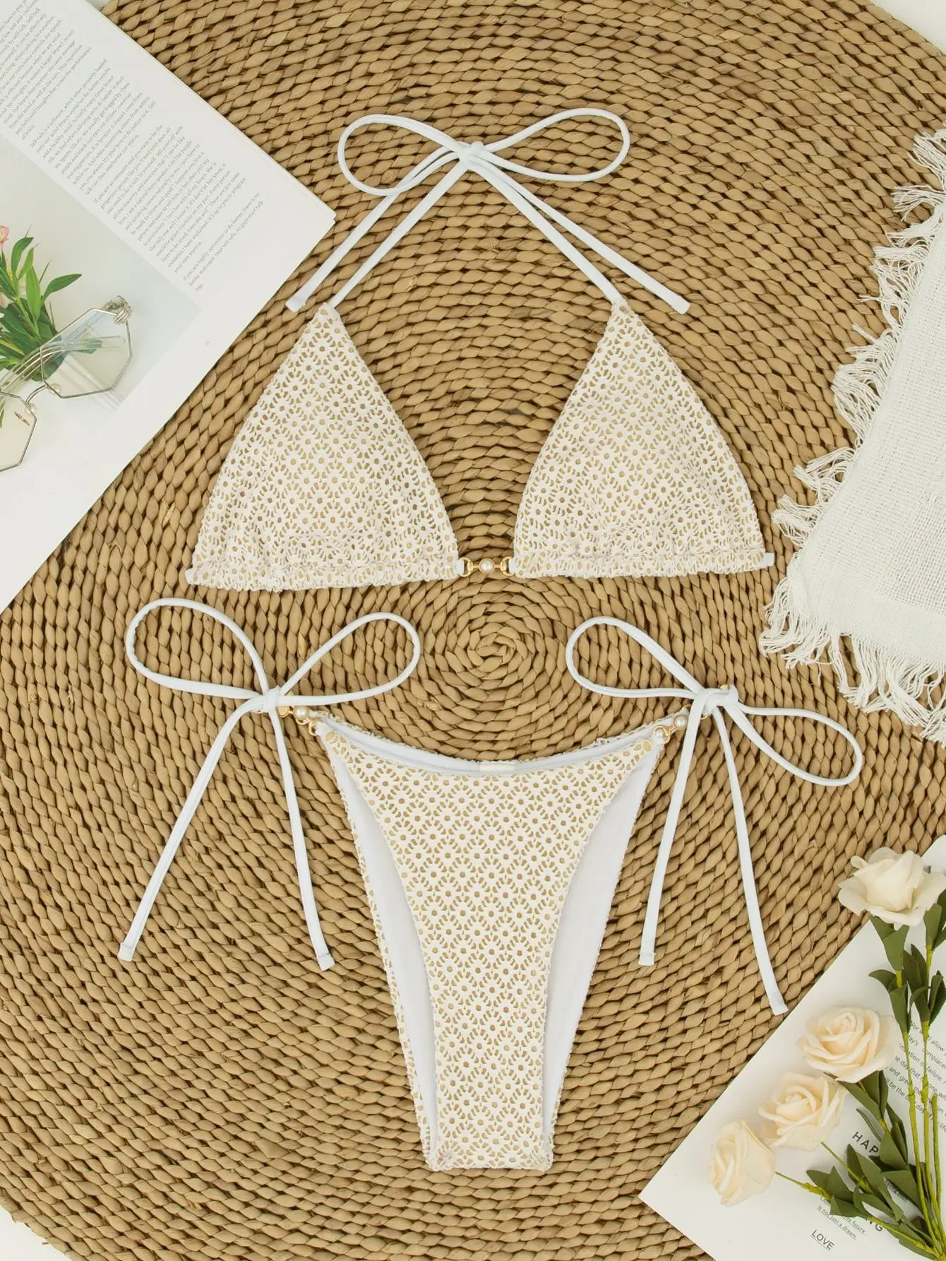 2025 Strap Bikini Swimsuit Mesh Lace Backless Strap Triple Bikini