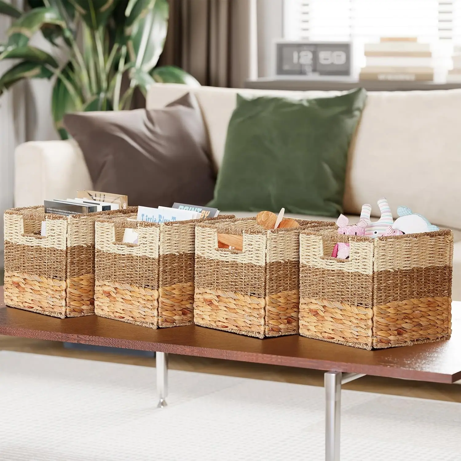 4 Pack Woven Storage Baskets with Handles, 3 Pattern Design, Natural Rattan Organizer Bin for Shelves, 10.5x10.5x10.5 inch view 5