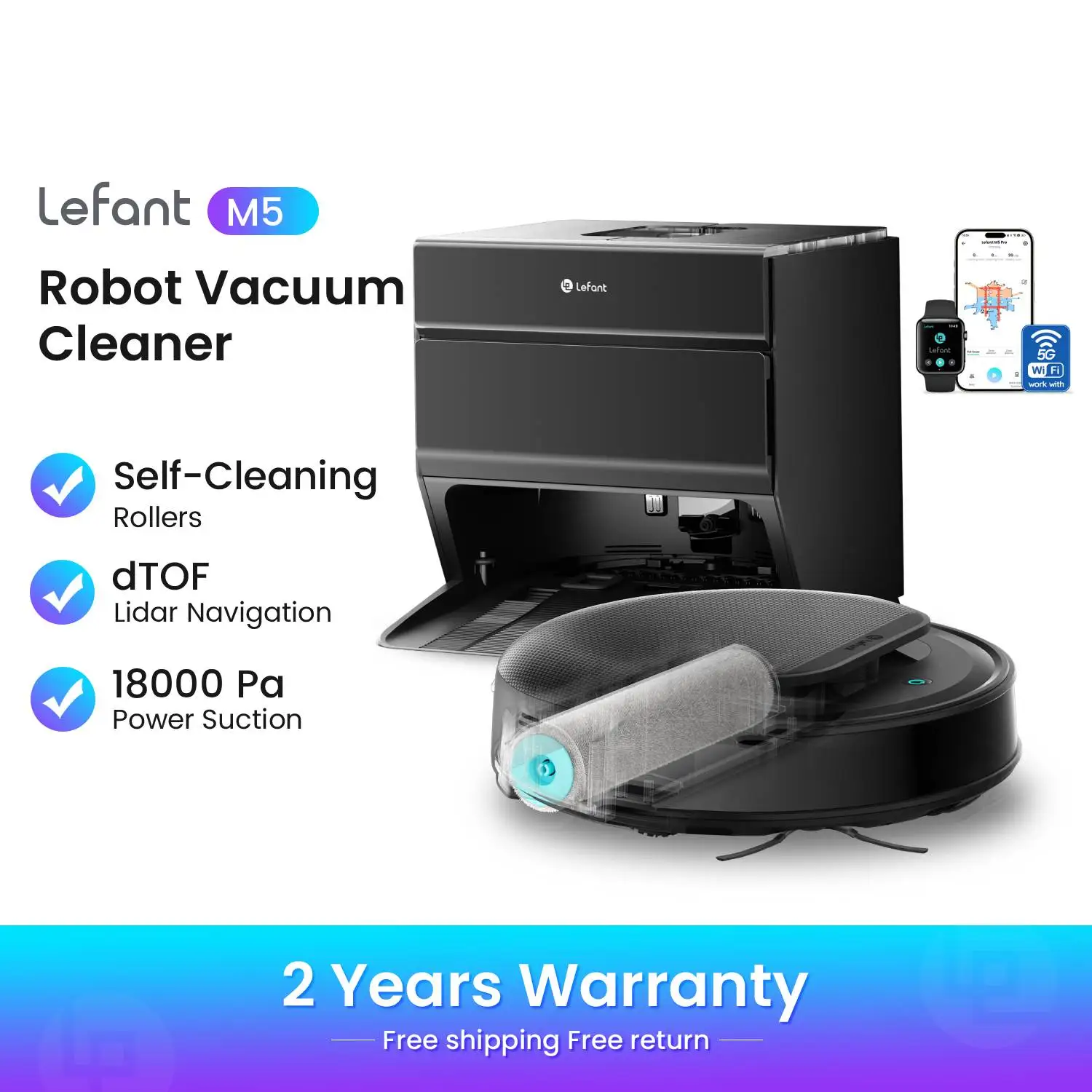 Aspirateur robot complet Lefant M5 Roller avec fonction de nettoyage, 18 000 Pa, rouleaux autonettoyants, vidage automatique, navigation lidar dTOF