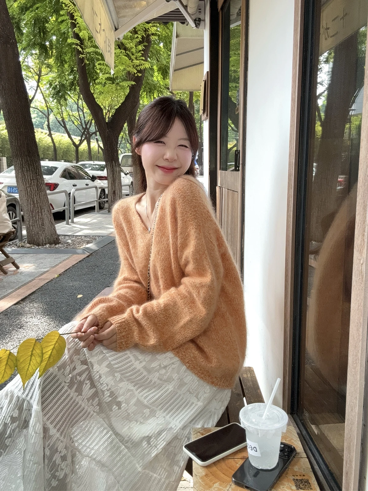 

Оранжевая кружевная отделка, мягкий свитер, юбка, комплект из двух предметов, корейский зимний теплый вязаный свитер V Ne Long Sve, свободный крой