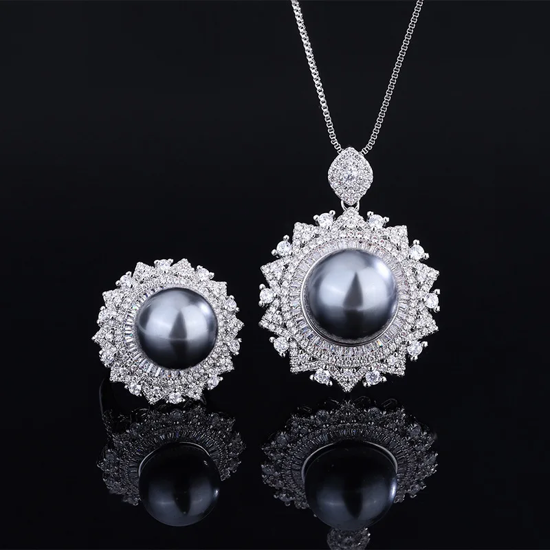 

Elegant White Gray Shell Pearl Micro Pave Zircon Pendant Necklace Adjustable Ring Women Jewelry Set