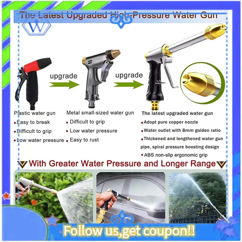 

Easy To Use Upgraded Garden Hose Nozzle, Metal Spray Gun With Full Copper Nozzle, High Pressure Water Hose Nozzle Spray Head