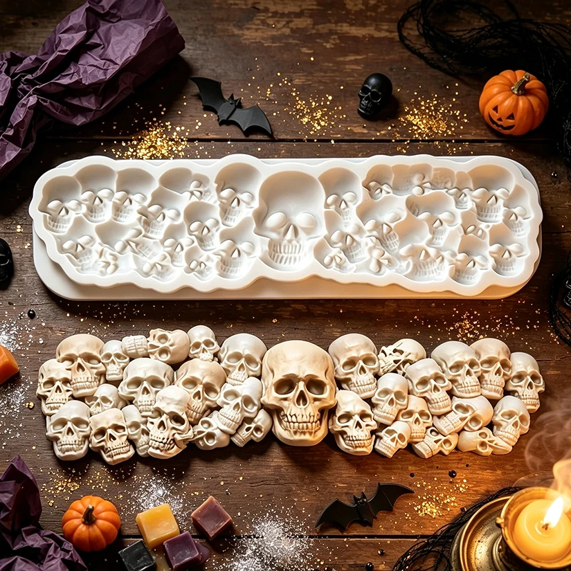 Totenkopf Halloween Silikonform für Zuckerguss, Harzwerkzeuge, Cupcake-Backform, Fondant-Kuchendekorationswerkzeuge – Detail 1