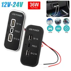 12V-24V Car Charger DUAL USB+PD Adapter Power Socket Charging 3 Ports Panel 36W For Campervan Motorhome