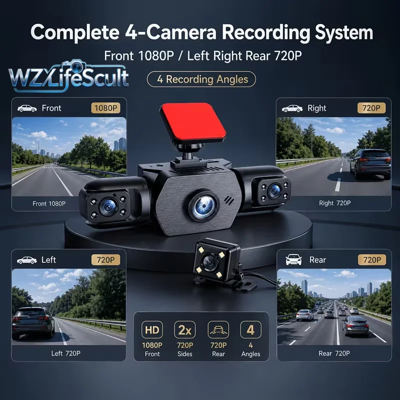 1080P FHD 3/4‑Channel Dash Cam, Quad‑Lens Recording, 24H Parking Surveillance, Enhanced Night Vision, G‑Sensor Collision Lock