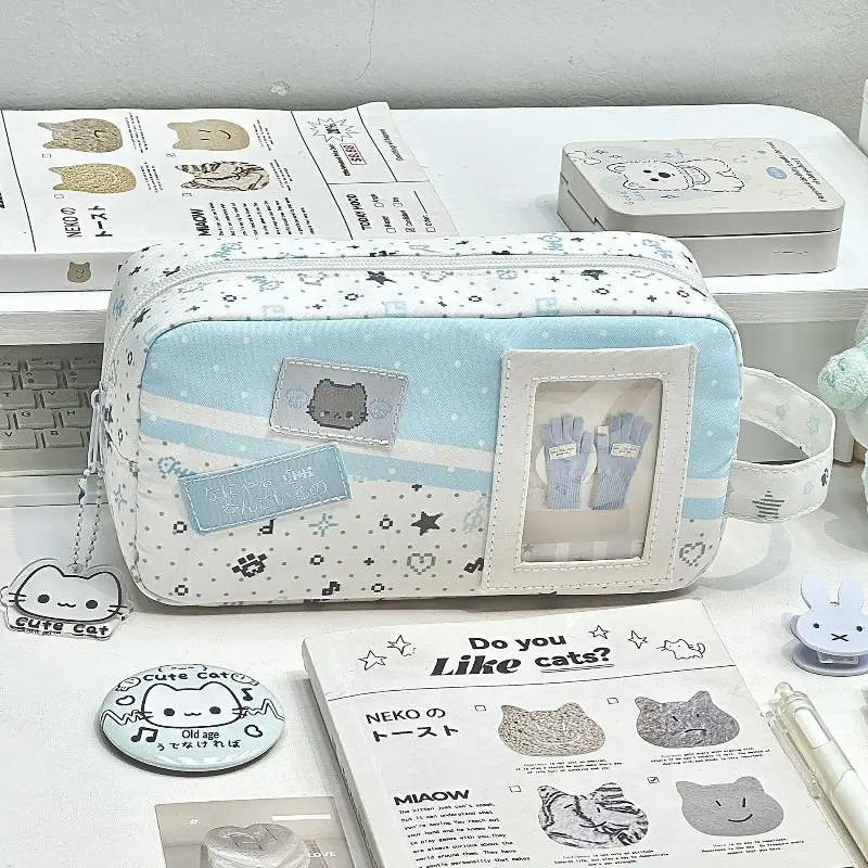 1Pcs Portable Blue Pencil Case Polka Dot Print Cute Cat Pencil Pouch Large Capacity Stationery Organizer School Supplies