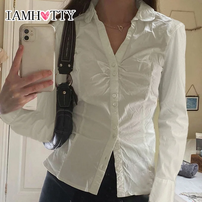 IAMHOTTY Chic Button-up Shirt White Slim-fitting Back Tie-up Waist Blouses High Street Casual Basic Button-up Tops Streetwear