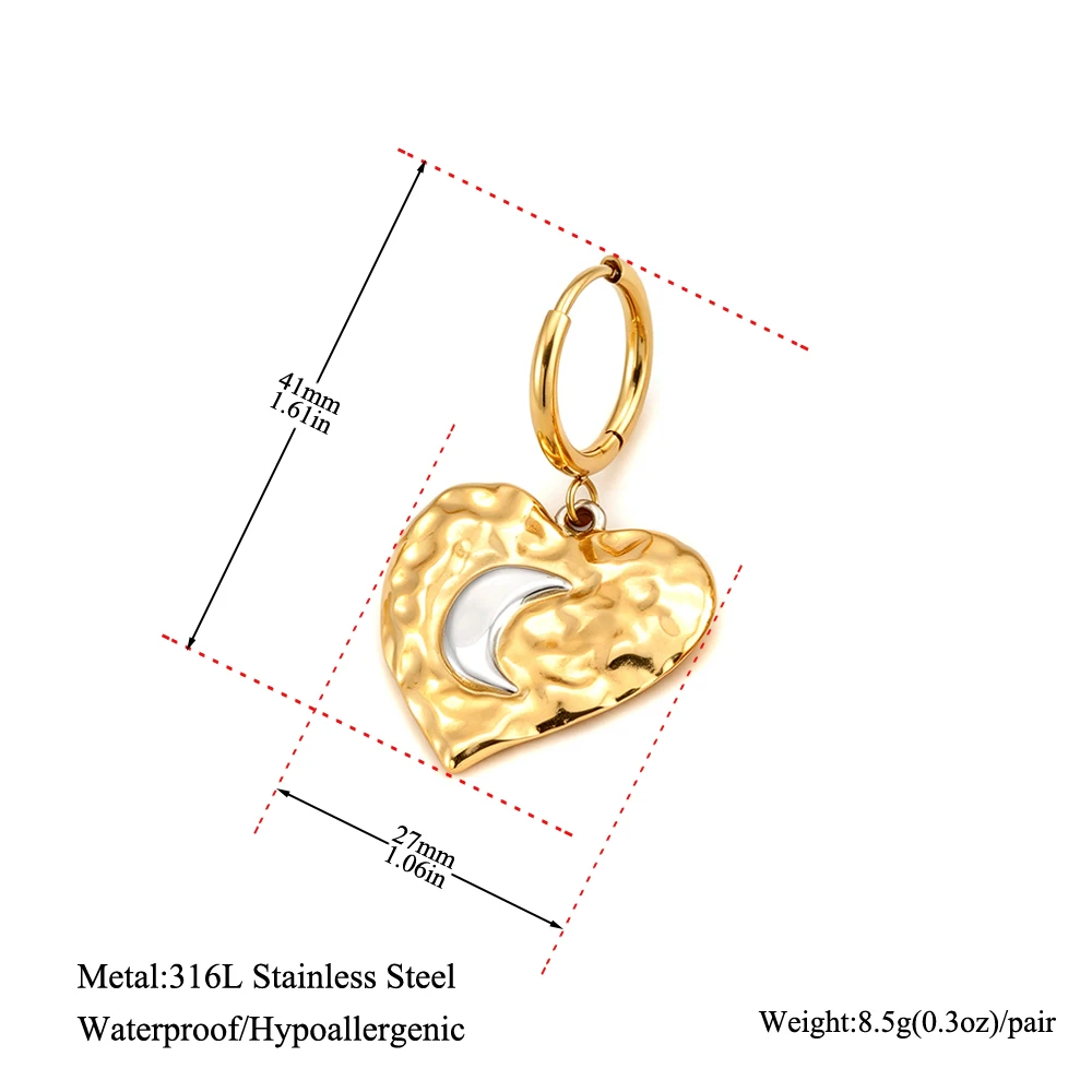 Lokaer Gold Color Moon Heart Hoop Earrings Stainless Steel Metal Geometric Fashion Heart Stylish Charm Jewelry for Women E26164