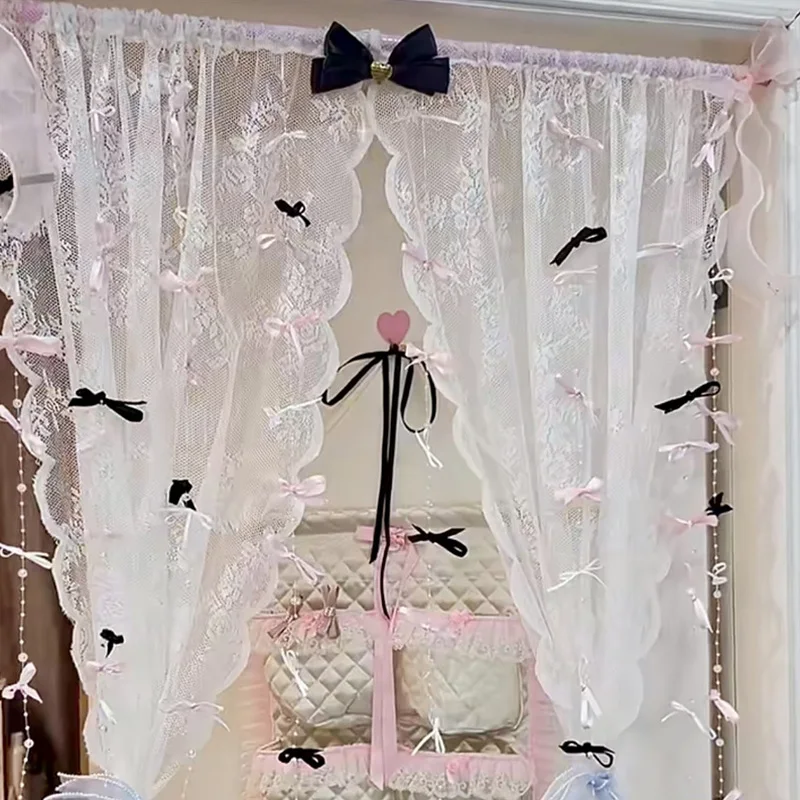 6pcs/Set Bow Curtain Elegant Lace Home Decoration Macaron Color Bow Curtain Dreamy Bead Chain Bedroom Door Curtain Home Textile