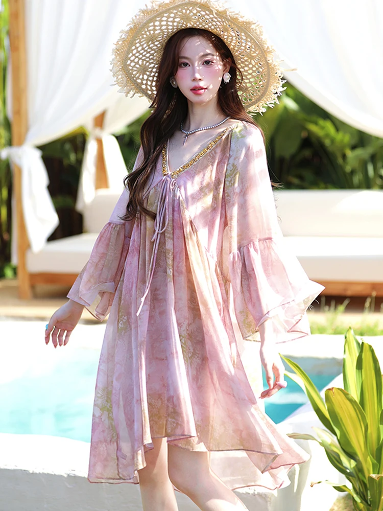 

Summer Pink Print Long Sleeve V-Neck Midi Dress Women Elegant Casual Loose Waist Dress 2025 Korean Fashion Chic Festival Dresses