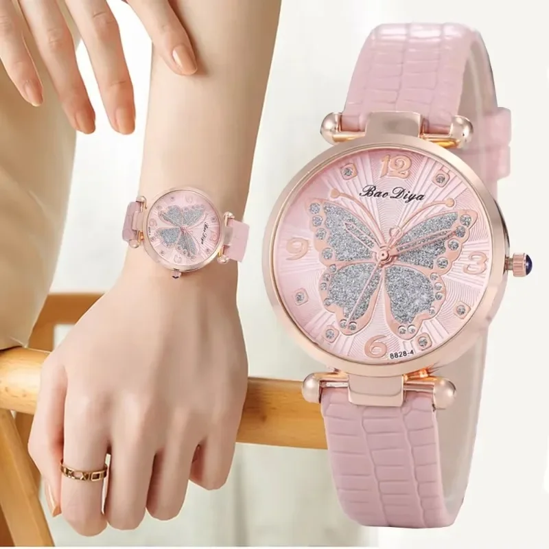 Butterfly Pattern Quartz Women's Watch PU Leather Strap Glitter MultiColor Watch Fashionable Ladies' Gift 2024 Reloj De Mujer