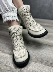 Birkuir Retro vera pelle tacco spesso scava fuori stivali da donna stivaletti scarpe vuote Zip laterale stivali corti Casual di lusso