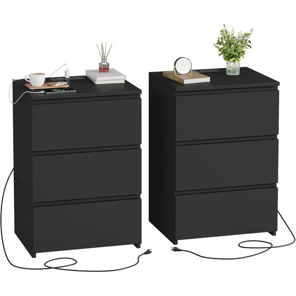 

Black Nightstand Set of 2, 26" H Night Stand Set 2 with Charging Station, Black Night Stand with USB Ports & Power Outlets, Sil