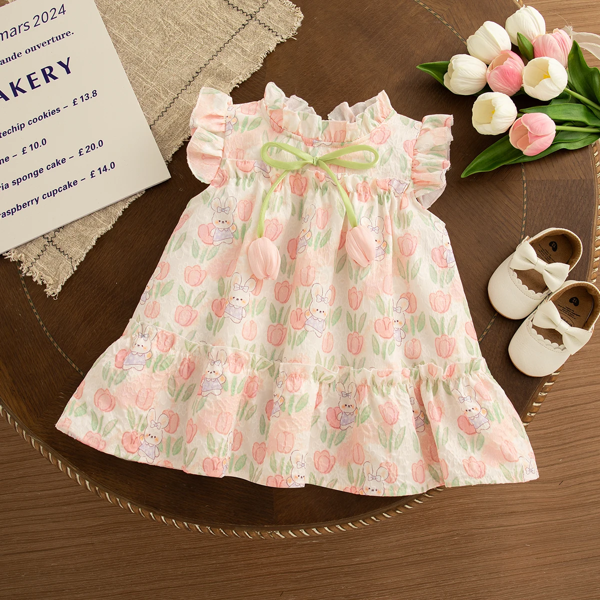 Sommer Baby Kleidung für Mädchen Blume Kaninchen Gedruckt Prinzessin Kleid Tulpe Blume Schleife Mädchen Kleid