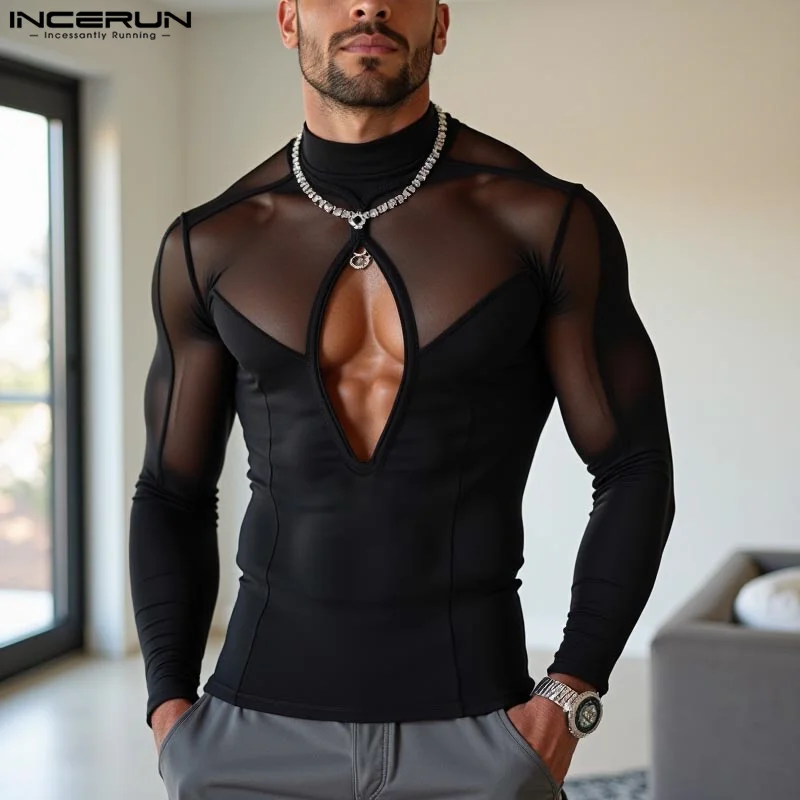 Fashion Sexy Tops INCERUN Men's Hollow Mesh Knitted Splicing T-shirts Casual Clubwear Tight Half High Neck Long Sleeved Camiseta