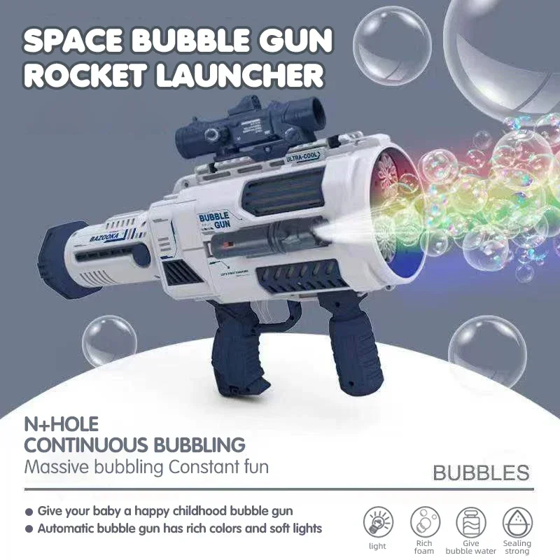 Soplador con forma de lanzador, juguete de burbujas espaciales de jabón para niños, juguete divertido al aire libre, pistola de burbujas de cohete automática grande, máquina de burbujas con agujeros grandes