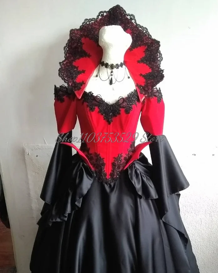 Classic Black Red Victorian Prom Dress Delicate Appliques Fluffy Ruffles Ruffle Corset V Neck Flared Sleeves Gothic Vestidos De