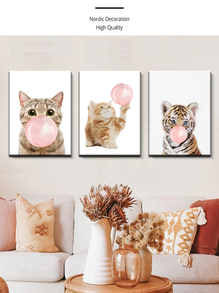 Nordic Wall Art Canvas Poster Painting Cat Tiger Cub Pink Balloon Bubble Gum Nursery Picture Print Children Bedroom Home Decor