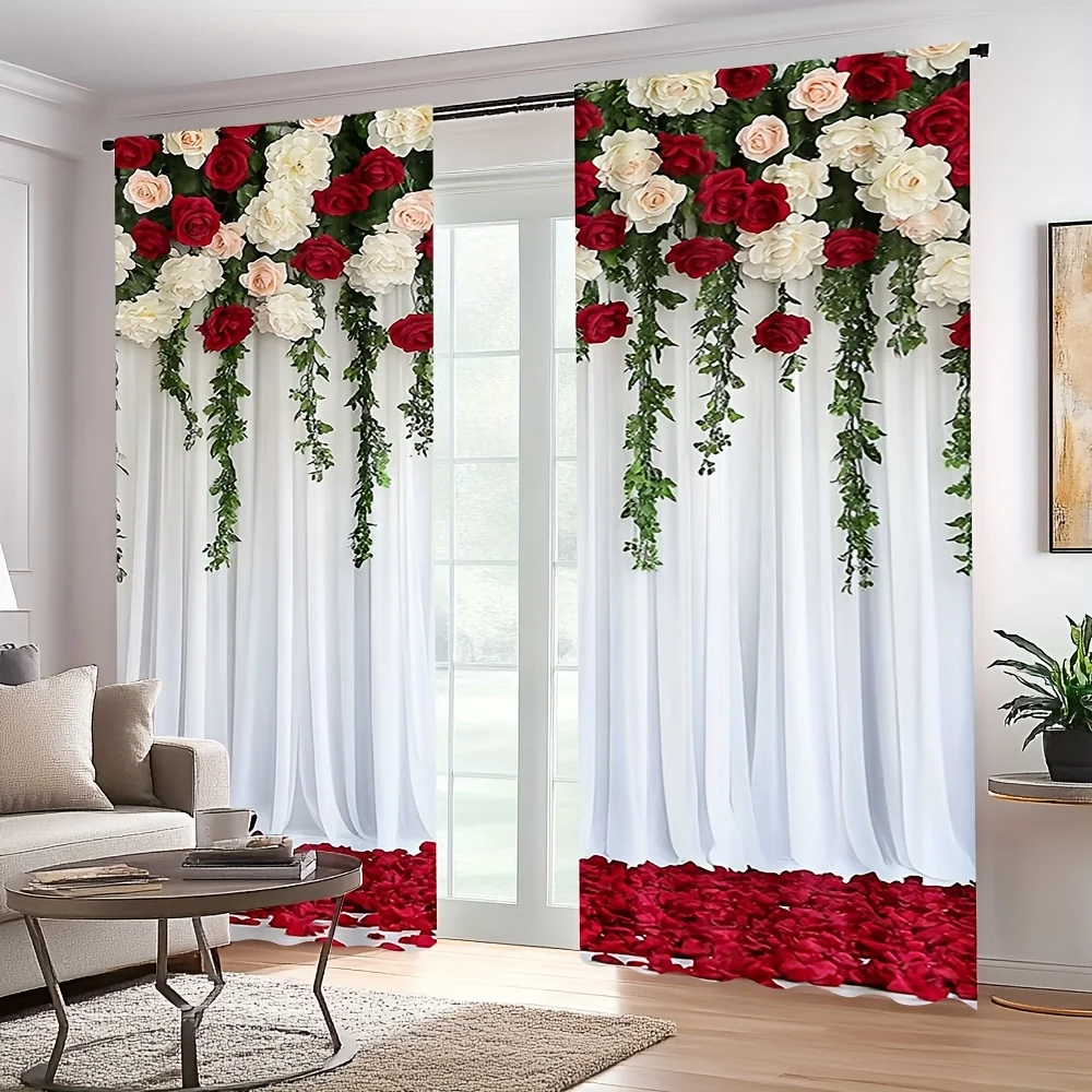 

2pcs Elegant Red & White Floral Print Curtains – Romantic Roses & Greenery Design for Living Room, Bedroom, Office or Kitchen