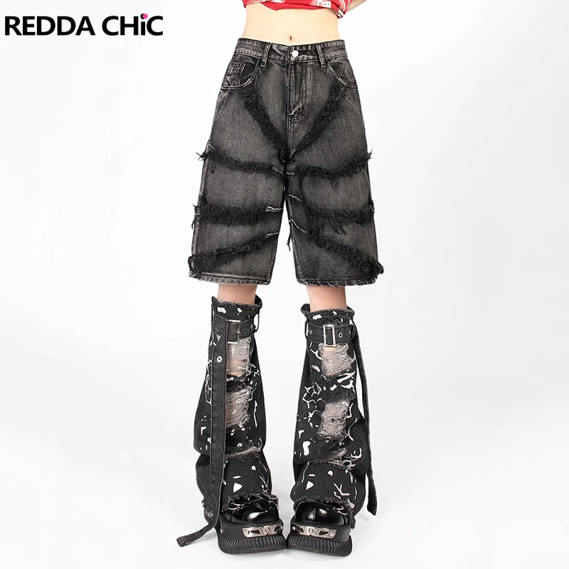 REDDACHiC Glitter Destroyed Denim Leg Warmers Women Vintage Gray Knee Long Socks Raw Edge Belted Boots Cover Punk Hiphop Clothes