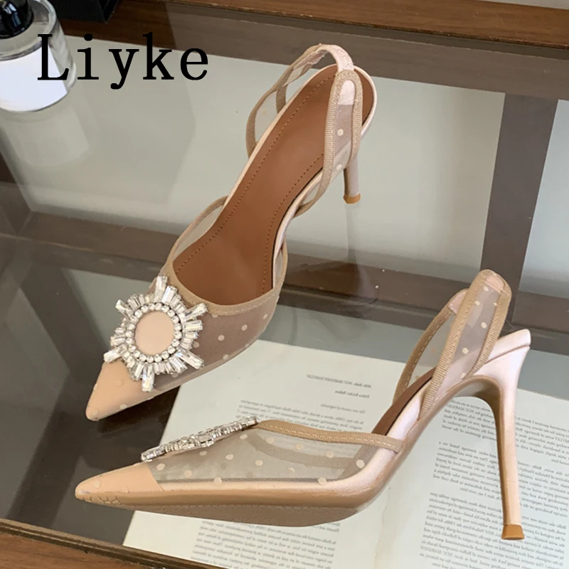 Liyke Fashion Design Crystal Sunflower Buckle Women Pumps Sandals Polka Dot Mesh Pointed Toe Black High Heels Party Prom Shoes