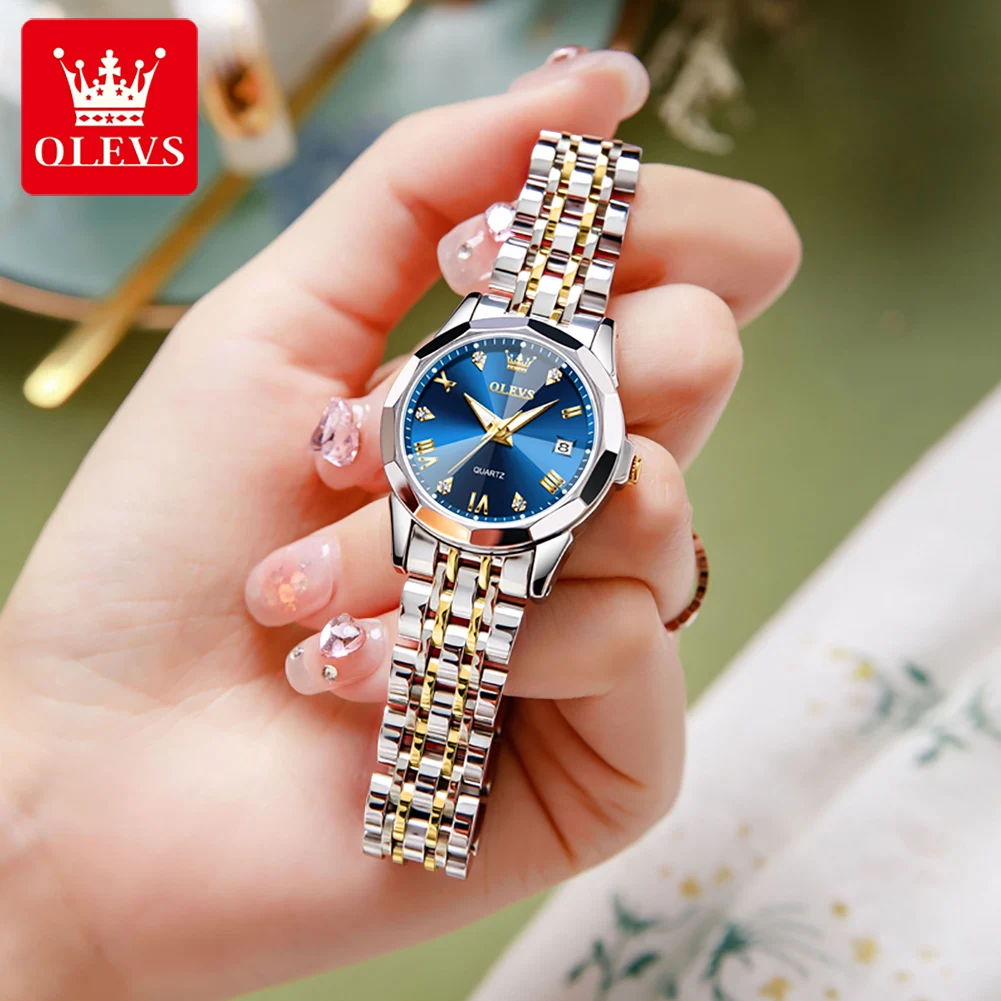 OLEVS-Relojes de pulsera de acero inoxidable para mujer, cronógrafo con correa de acero inoxidable, estilo elegante, espejo de rombo, Original, de